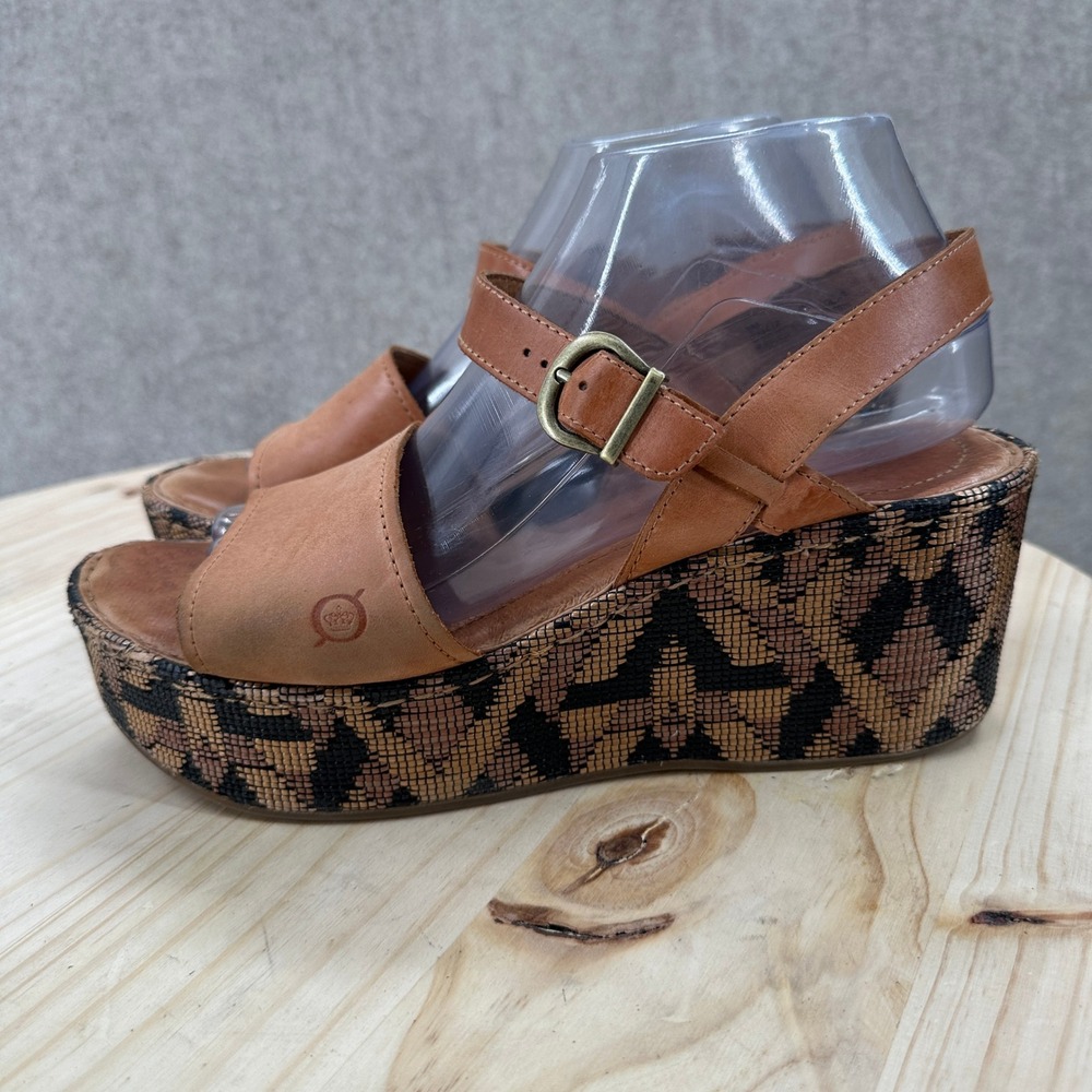 Born Dorrah Wedge Sandals 9 Tan Leather Geometric Platform Ankle Strap - Picture 2 of 11